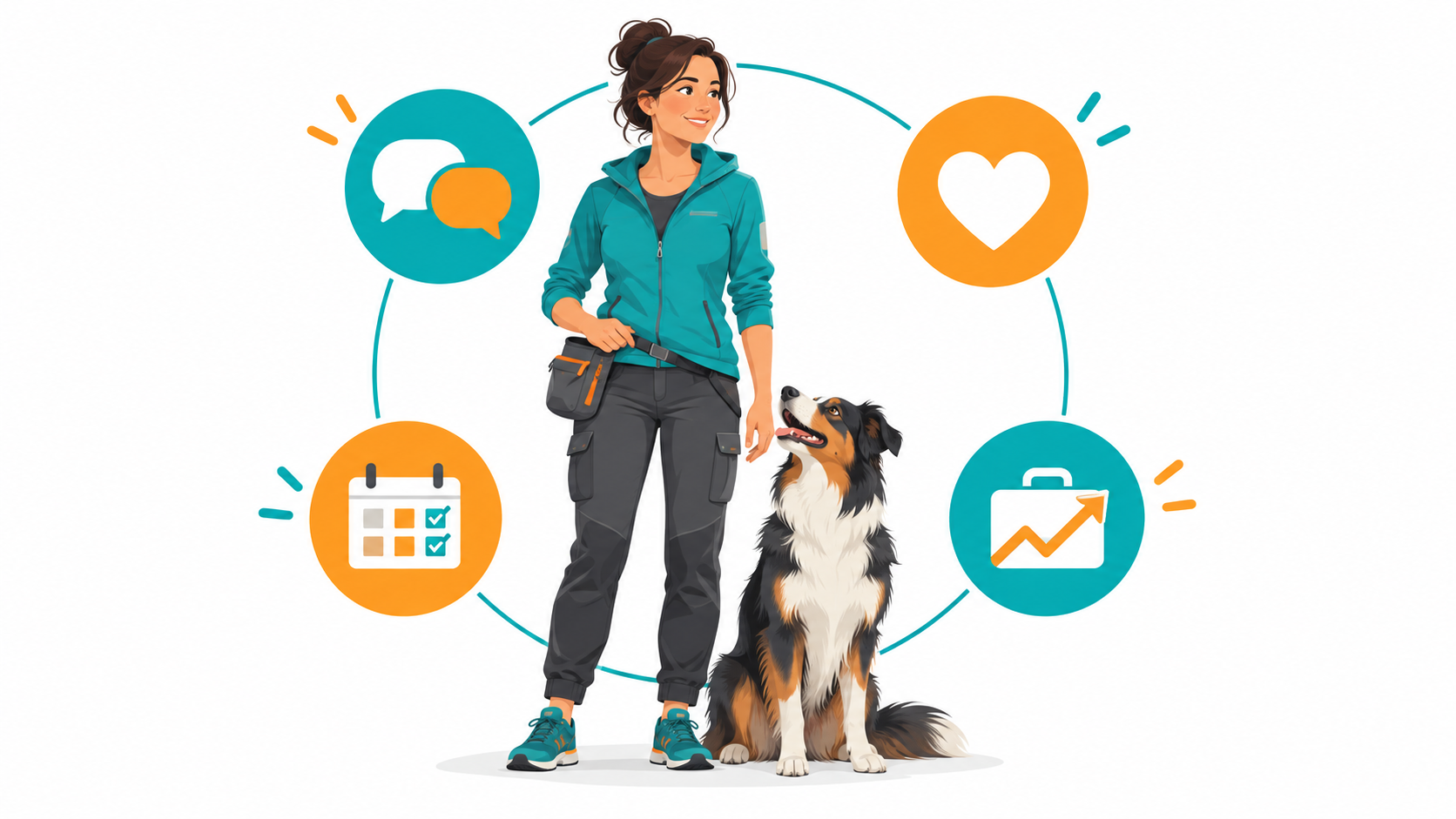 Eine grafische Darstellung der wichtigsten Fähigkeiten einer selbstständigen Hundetrainerin: Kommunikation, Einfühlungsvermögen, Organisation und unternehmerisches Denken.